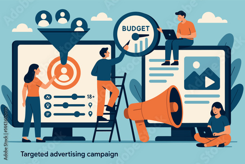 Vector illustration of a targeted advertising campaign with marketers setting audience filters, budget settings, and visual ad creatives
