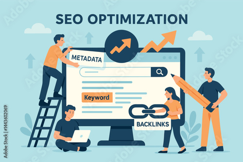 Vector illustration of SEO optimization process with people adjusting metadata, backlinks, and keyword strategies for higher search engine ranking