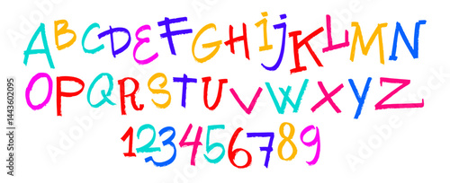 Vector stylized artistic font. Hand drawn alphabet design, from A to Z and numbers from 0 to 9. Made of marker strokes. Beautiful realistic, scratched and horror style., back to school style.