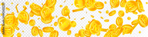 Korean won coins falling. Scattered gold WON