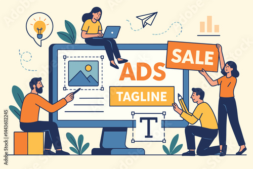 Vector illustration of creative advertising process with designers crafting visuals, taglines, and promotional banners
