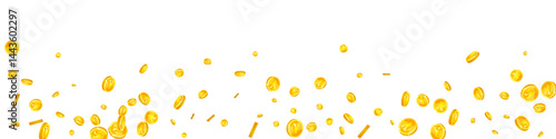 Chinese yuan coins falling. Scattered gold CNY