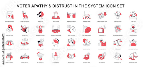 voter apathy distrust system series icons depicting issues like forgotten voters propaganda rigged scales broken promises, Cracked ballot Ignored Mask behind petition Leaking vote box
