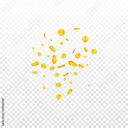 Russian ruble coins falling. Scattered gold RUB