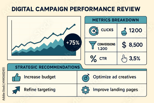 Vector illustration of digital campaign performance review with graphs, metrics breakdown, and strategic recommendations