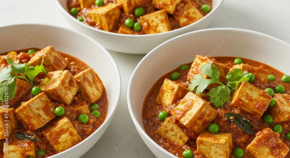 Savory Tofu and Pea Curry in Bowls - Aromatic tofu curry, vibrant peas, rich red sauce, fresh herbs, and hearty bowls symbolize comfort, health, flavor, warmth, and abundance Savory Tofu and Pea Curry in Bowls - Aromatic tofu curry, vibrant peas, rich red sauce, fresh herbs, and hearty bowls symbolize comfort, health, flavor, warmth, and abundance