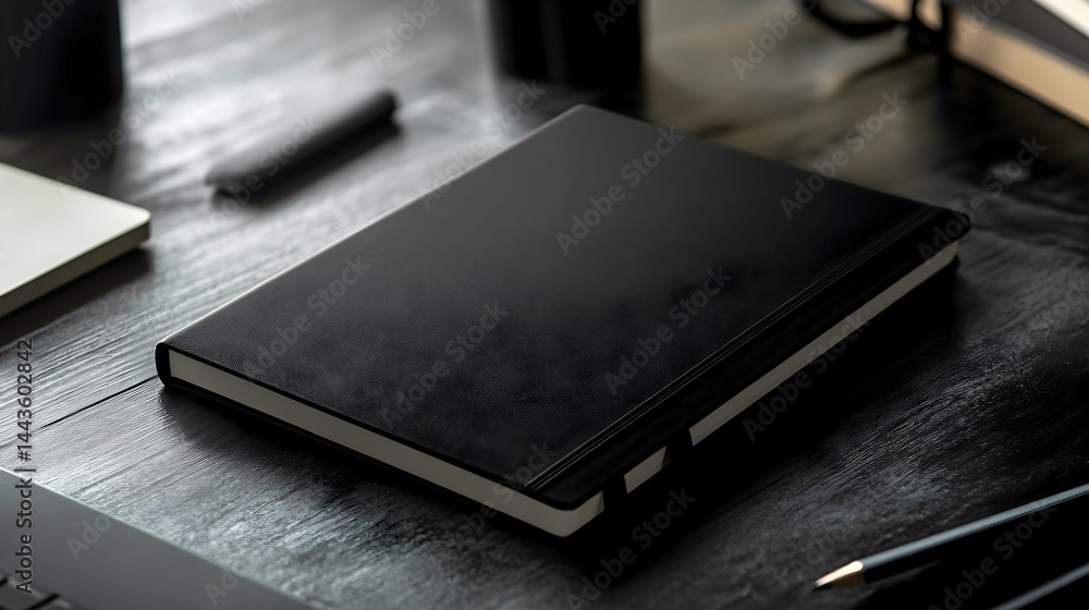 A blank black notebook with an elastic band sitting on a desk. The side is open for branding. Professional, high-quality pages, sleek design. A blank black notebook with an elastic band sitting on a desk. The side is open for branding. Professional, high-quality pages, sleek design.