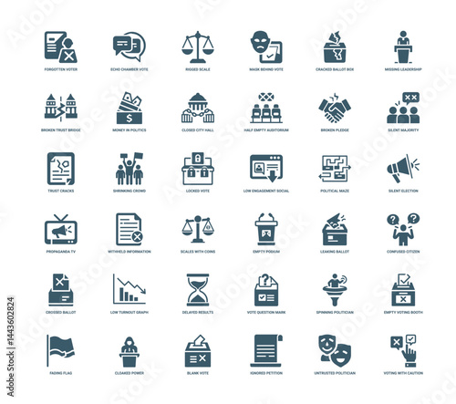 collection icons voter apathy distrust political system, neglect fraud bias inequality
