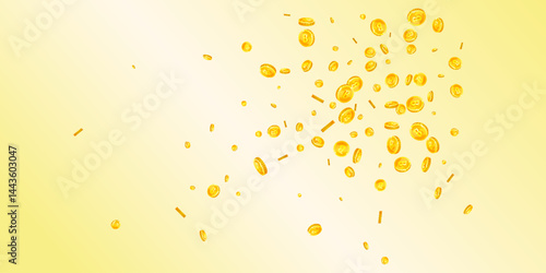 Bitcoin coins falling. Cryptocurrency scattered