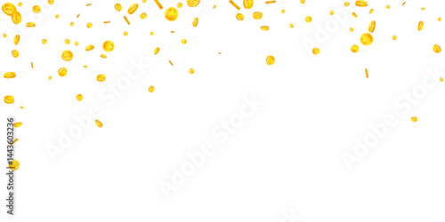 Japanese yen coins falling. Scattered gold JPY