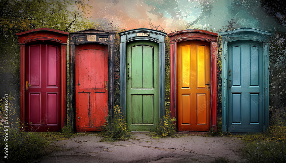 A series of doors each leading to a different path representing the many choices and decisions that shape our existence