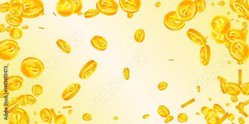 Russian ruble coins falling. Scattered gold RUB