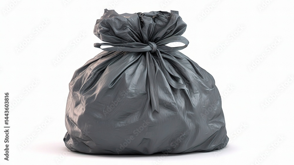 Grey Plastic Garbage Bag Tied with Ribbon on White Background Grey Plastic Garbage Bag Tied with Ribbon on White Background