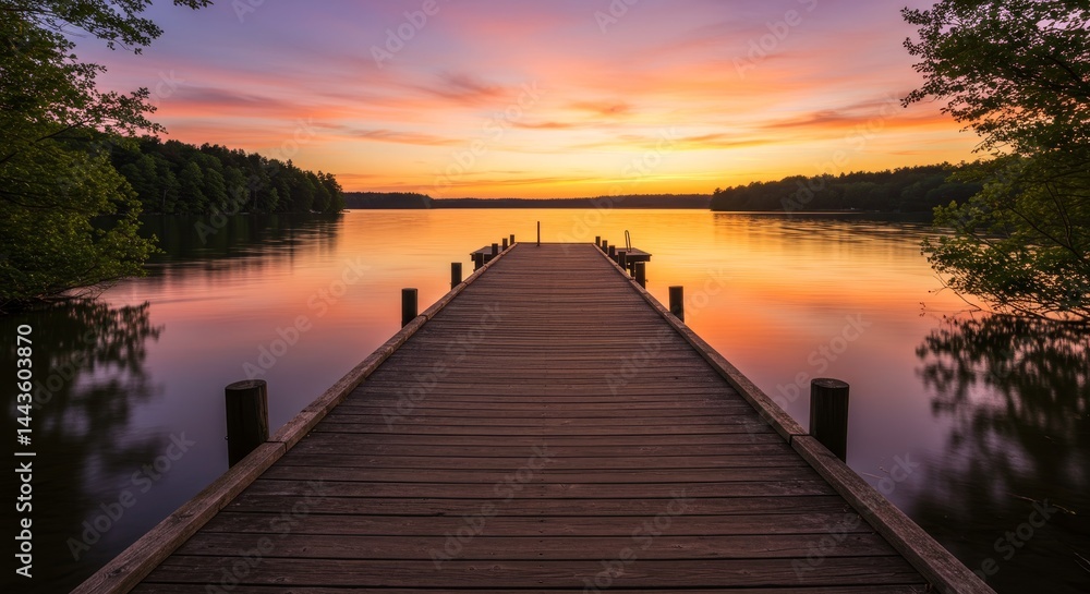 Serene Sunset Over Calm Lake - Tranquil sunset view over a still lake, with a wooden dock extending towards the horizon. Peaceful and idyllic scene Serene Sunset Over Calm Lake - Tranquil sunset view over a still lake, with a wooden dock extending towards the horizon. Peaceful and idyllic scene