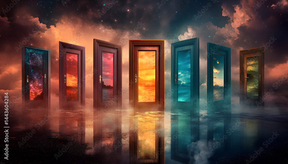 A series of doors each leading to a different path representing the many choices and decisions that shape our existence