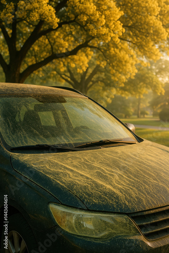 Dust-Covered SUV with Yellow Foliage Background