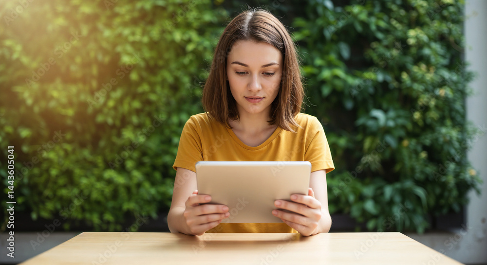 Fototapeta premium A woman with brown hair and a yellow shirt is shown sitting at a light-colored wooden table, holding a tablet and looking down at it, with a blurred background featuring a green hedge or bush.