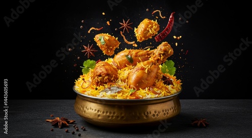 Spicy Chicken Biryani with Flying Food Effect - Aromatic chicken biryani, a flavorful rice dish