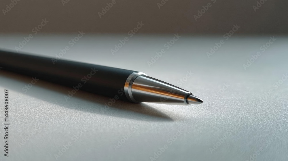 Close-up of a pen lying on a white surface. the pen has a black body with a silver tip. the tip is pointed and appears to be made of metal. Close-up of a pen lying on a white surface. the pen has a black body with a silver tip. the tip is pointed and appears to be made of metal.