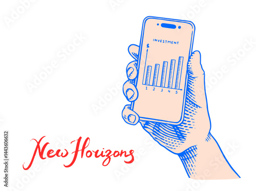 Hand holding mobile smart phone with blank screen. Vector clipart illustration. Line and Ink sketch. Hand drawn Vintage style. 