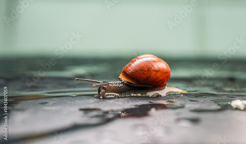 Obraz na płótnie Small snail crawling on wet reflective surface. w salonie
