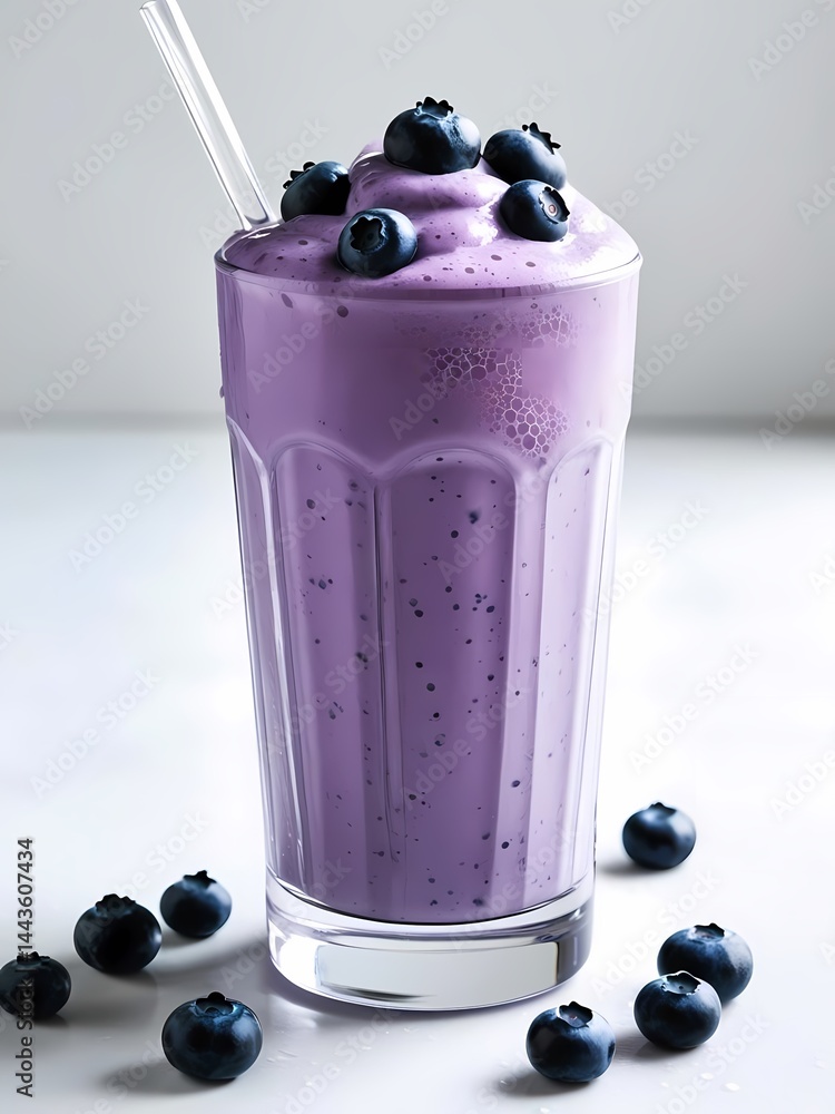 Smoothie topped with fresh blueberries served in a tall glass on a light background