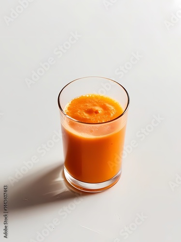 Freshly squeezed orange juice served in a clear glass on a white background