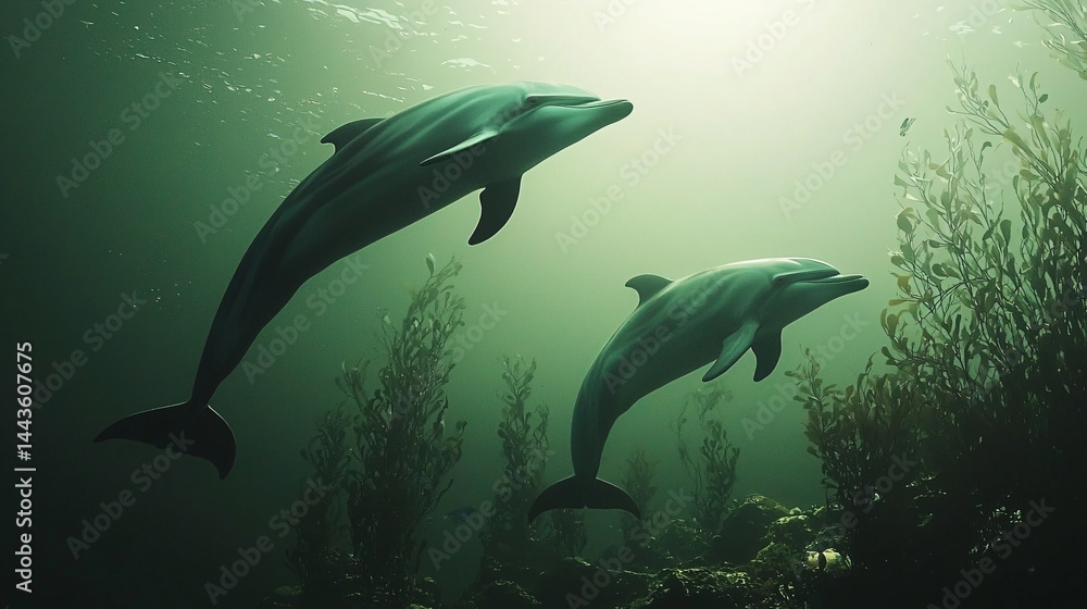 Fototapeta premium Two playful dolphins swimming together in the ocean, echoing their calls in the water and creating a lively and joyful atmosphere underwater