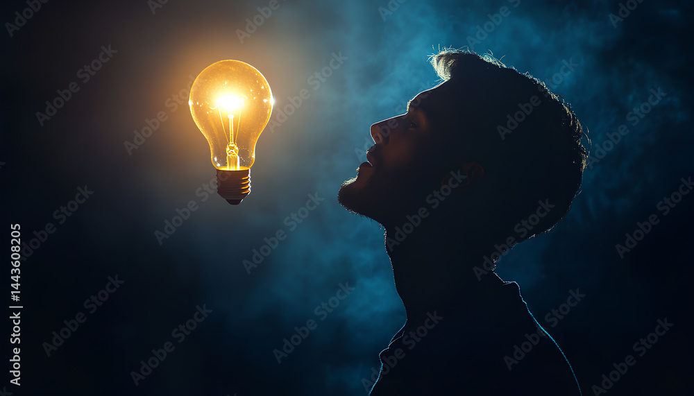 Creative thinking ideas and innovation concept. Logical idea concept. Silhouette of a man with a light bulb in his brain. Silhouette of a man with a light bulb in his brain on a dark background