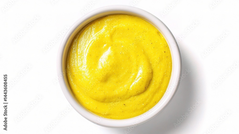 Creamy Yellow Mustard in White Bowl on Plain Background Creamy Yellow Mustard in White Bowl on Plain Background
