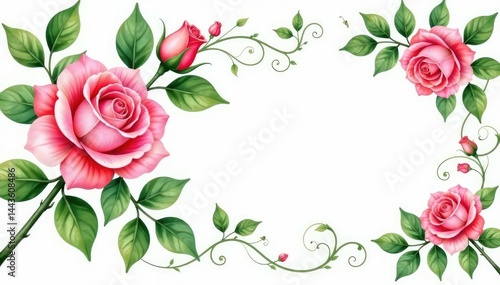 Delicate watercolor roses, lush green leaves, elegant vine swirls , print, pretty