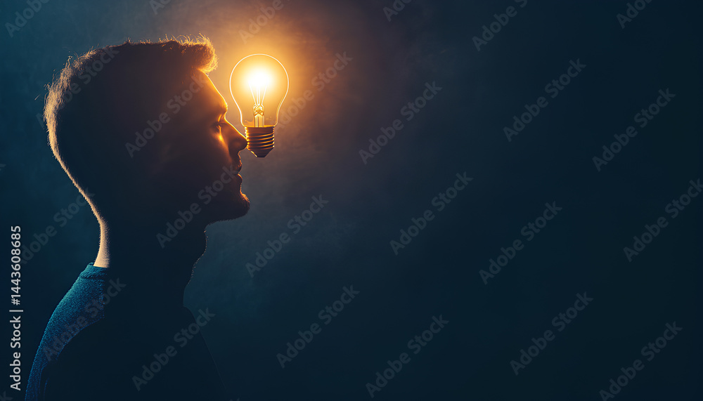Creative thinking ideas and innovation concept. Logical idea concept. Silhouette of a man with a light bulb in his brain. Silhouette of a man with a light bulb in his brain on a dark background