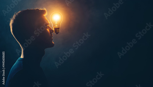 Obraz na płótnie Creative thinking ideas and innovation concept. Logical idea concept. Silhouette of a man with a light bulb in his brain. Silhouette of a man with a light bulb in his brain on a dark background w salonie