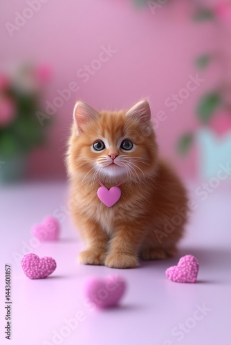 Adorable ginger kitten wearing a heart necklace surrounded by pink hearts.