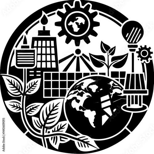 Sustainable technology icons; global ecology, plant growth, and eco-friendly solutions website design