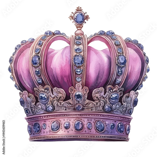 Sapphire-studded Crown With A Bold Design, vector watercolor illustration, isolated on a white background.