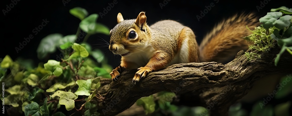 Fototapeta premium Squirrel perched on branch with surrounding green foliage and moss