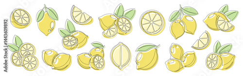 Lemon yellow continuous one line drawing icon set. Editable stroke. Outline lemon citrus collections isolated on a white background. Vector illustration