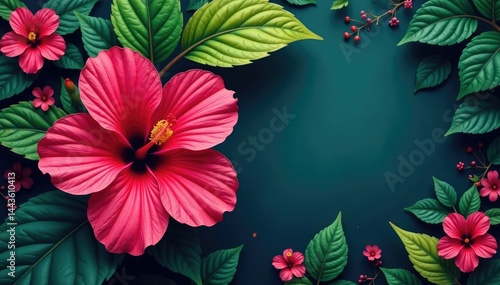 Bold hibiscus, tropical leaves, vibrant colors, geometric layout, pattern, textile