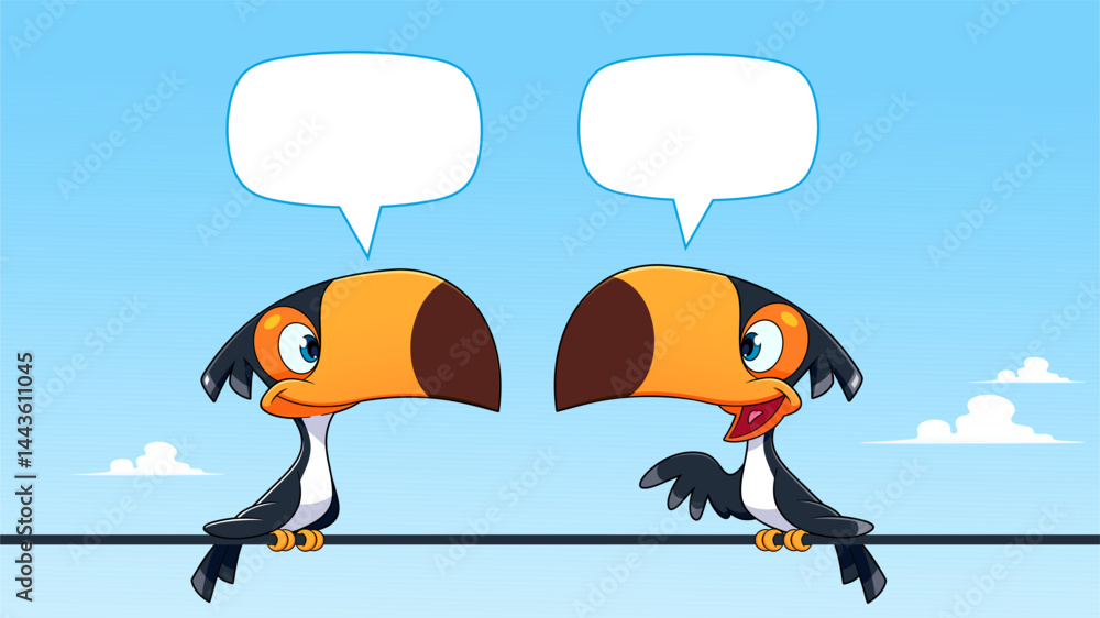Fototapeta premium Black toucans talking on a power line. Vector illustration of two black toucans characters in nature.