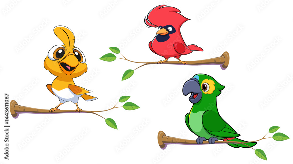 Obraz premium colorful bird characters resting on a tree branch and isolated on white background.