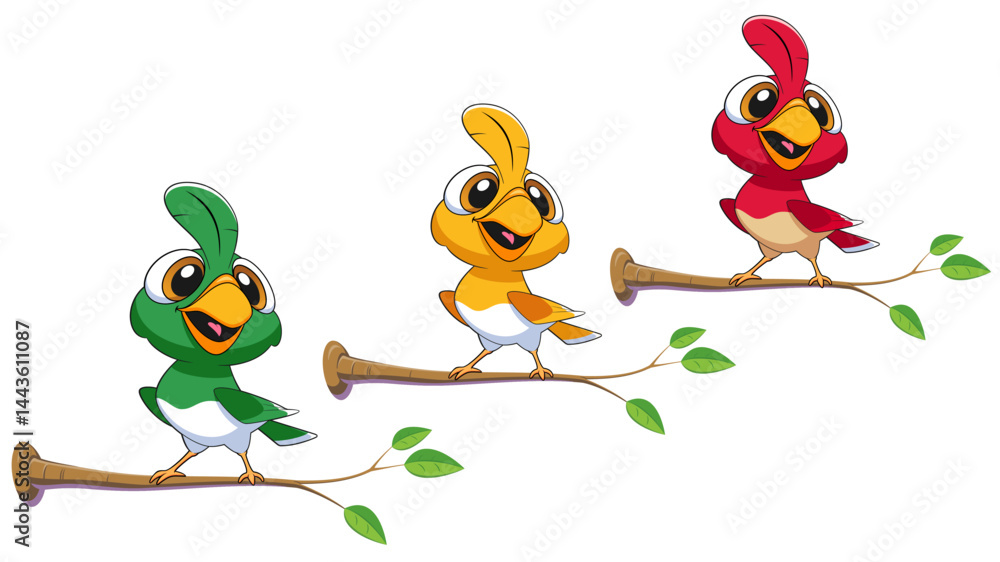 Obraz premium colorful bird characters resting on a tree branch and isolated on white background.