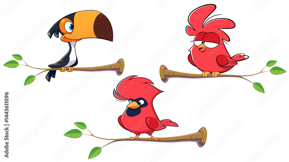 Fototapeta premium colorful bird characters resting on a tree branch and isolated on white background.