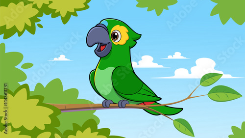 Colorful parrot resting on a tree branch. Colorful vector illustration of a green parrot character in nature.