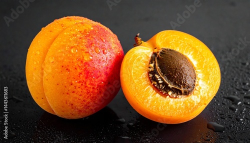 Fresh, ripe apricots with glistening water drops arranged on a dark background. The vibrant orange color and juicy texture create a rich, appetizing look, highlighting the natural freshness of the fru