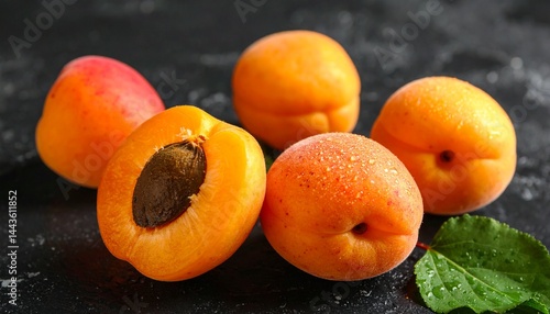 Fresh, ripe apricots with glistening water drops arranged on a dark background. The vibrant orange color and juicy texture create a rich, appetizing look, highlighting the natural freshness of the fru