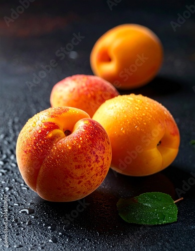 Fresh, ripe apricots with glistening water drops arranged on a dark background. The vibrant orange color and juicy texture create a rich, appetizing look, highlighting the natural freshness of the fru