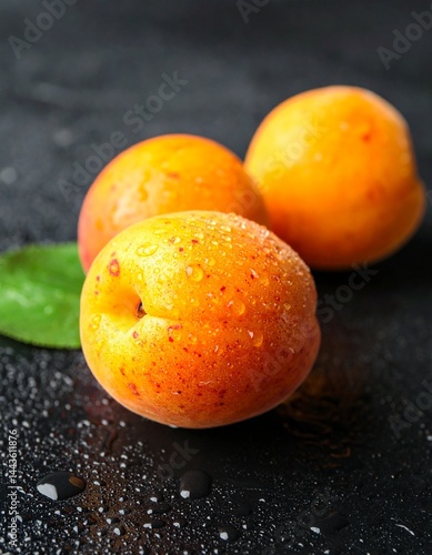 Fresh, ripe apricots with glistening water drops arranged on a dark background. The vibrant orange color and juicy texture create a rich, appetizing look, highlighting the natural freshness of the fru