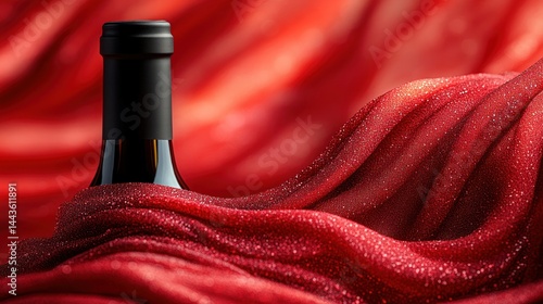 Red wine bottle draped in red fabric