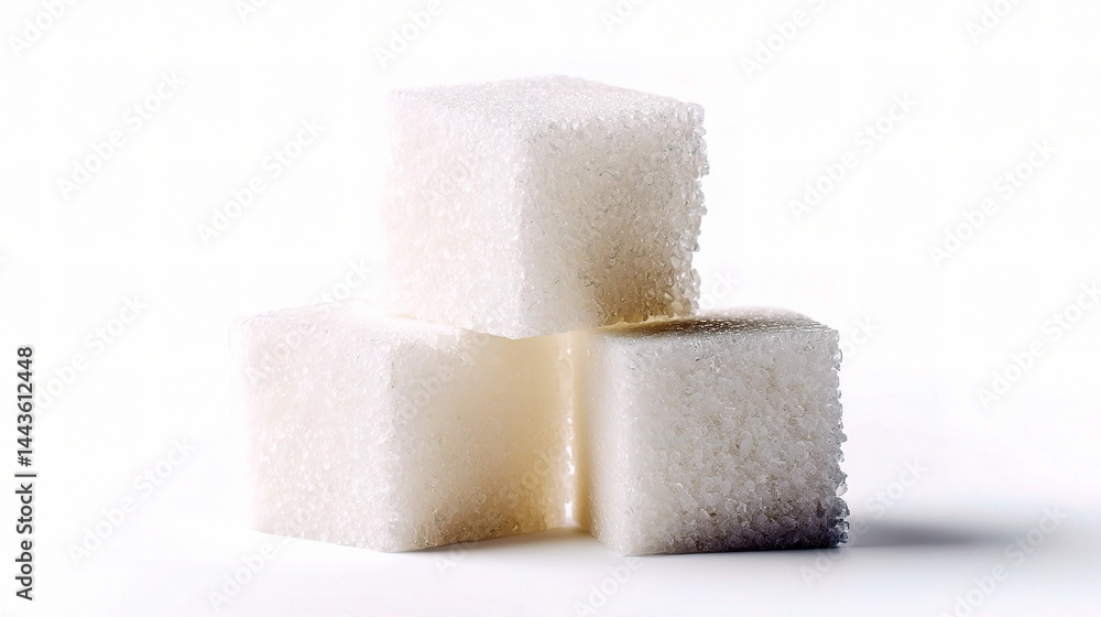 Close-Up of Three Sugar Cubes on White Background for Culinary Use